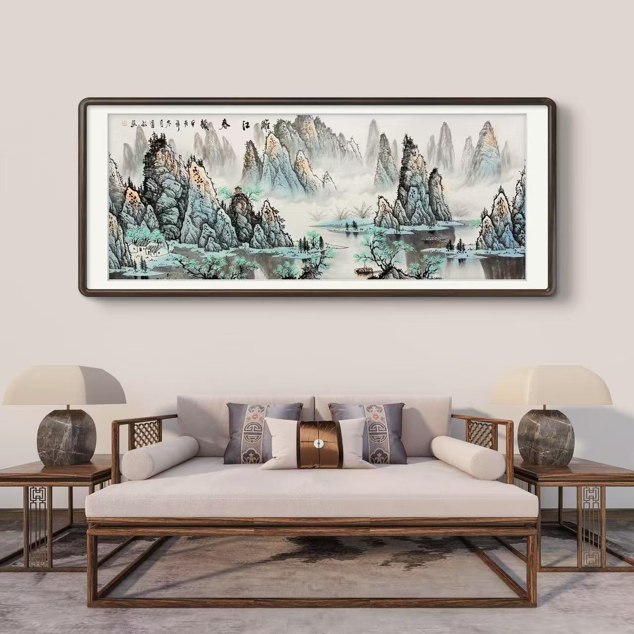 《漓江春韵》纯手绘国画六尺横幅山水画客厅书房挂画作品文玩探宝