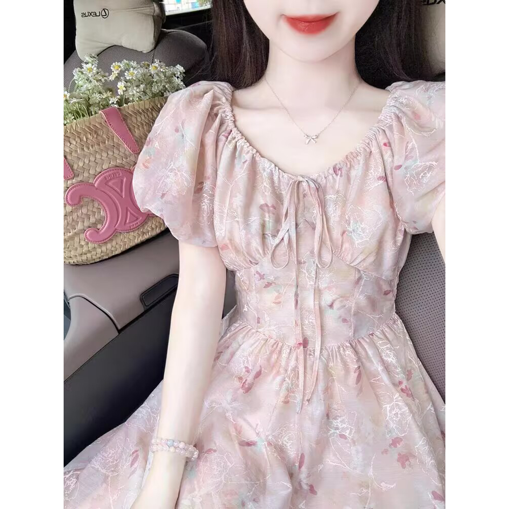 法式粉色碎花连衣裙女夏2025新款小个子高级感气质收腰雪纺长裙