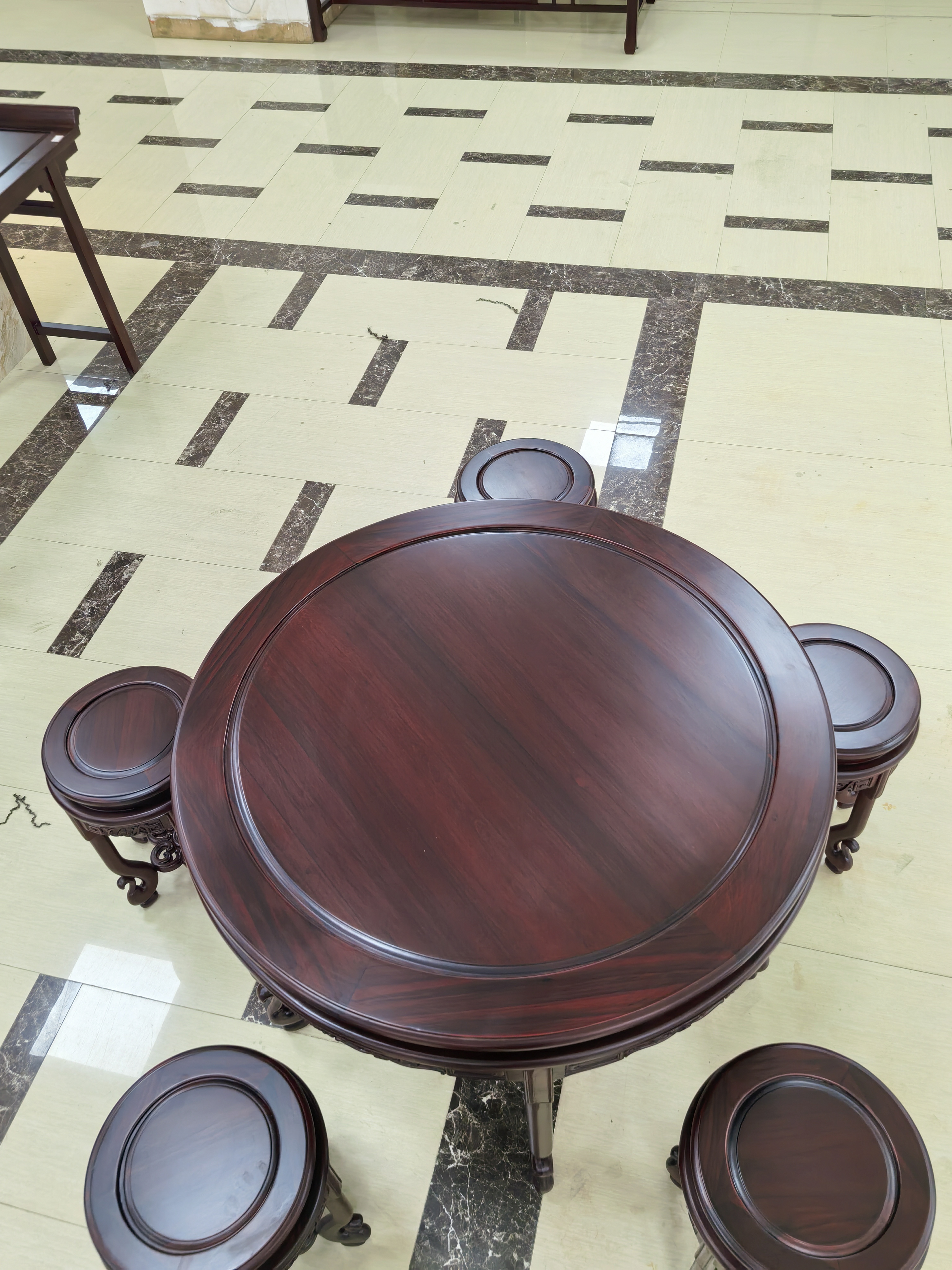 全实木酸枝木客厅家用五子登科古典雕花圆桌复古美式轻奢新中式