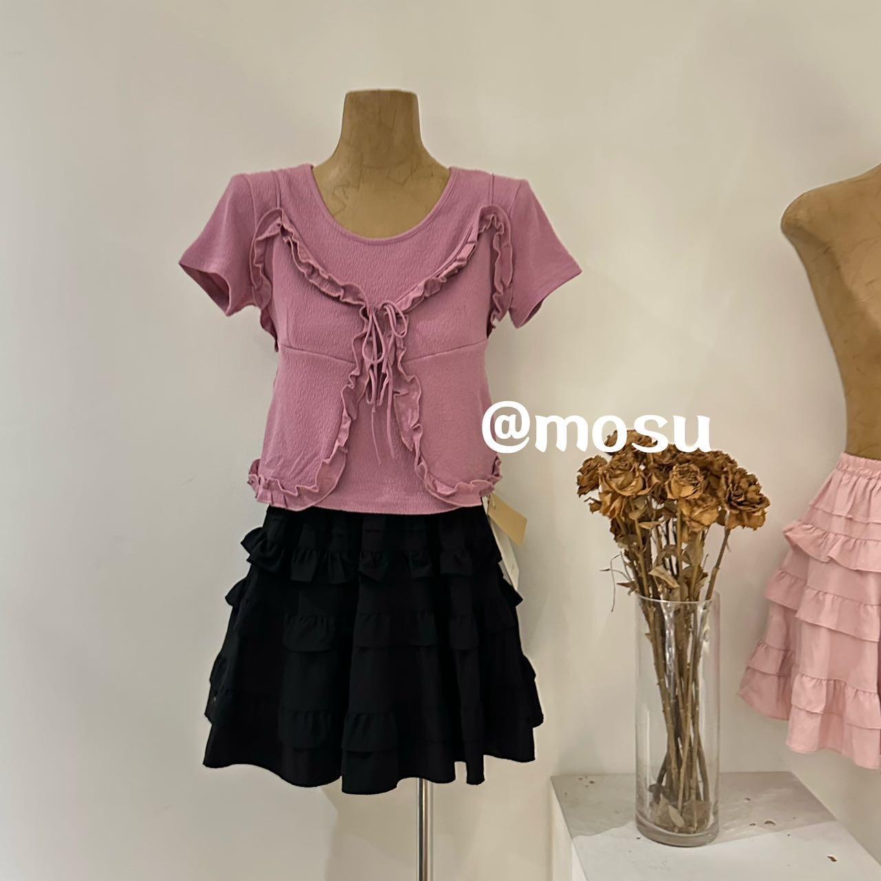 900963（mosu.新款）纯欲风韩系真两件花边短袖上衣