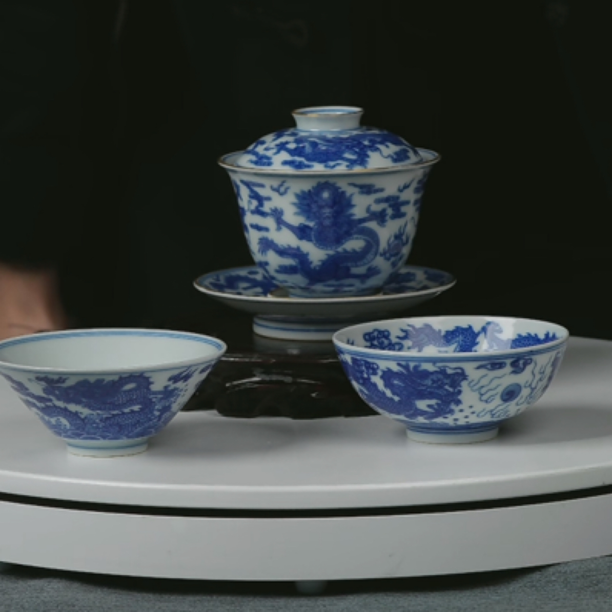 M青花龙纹三才 茶圆 斗笠杯一组