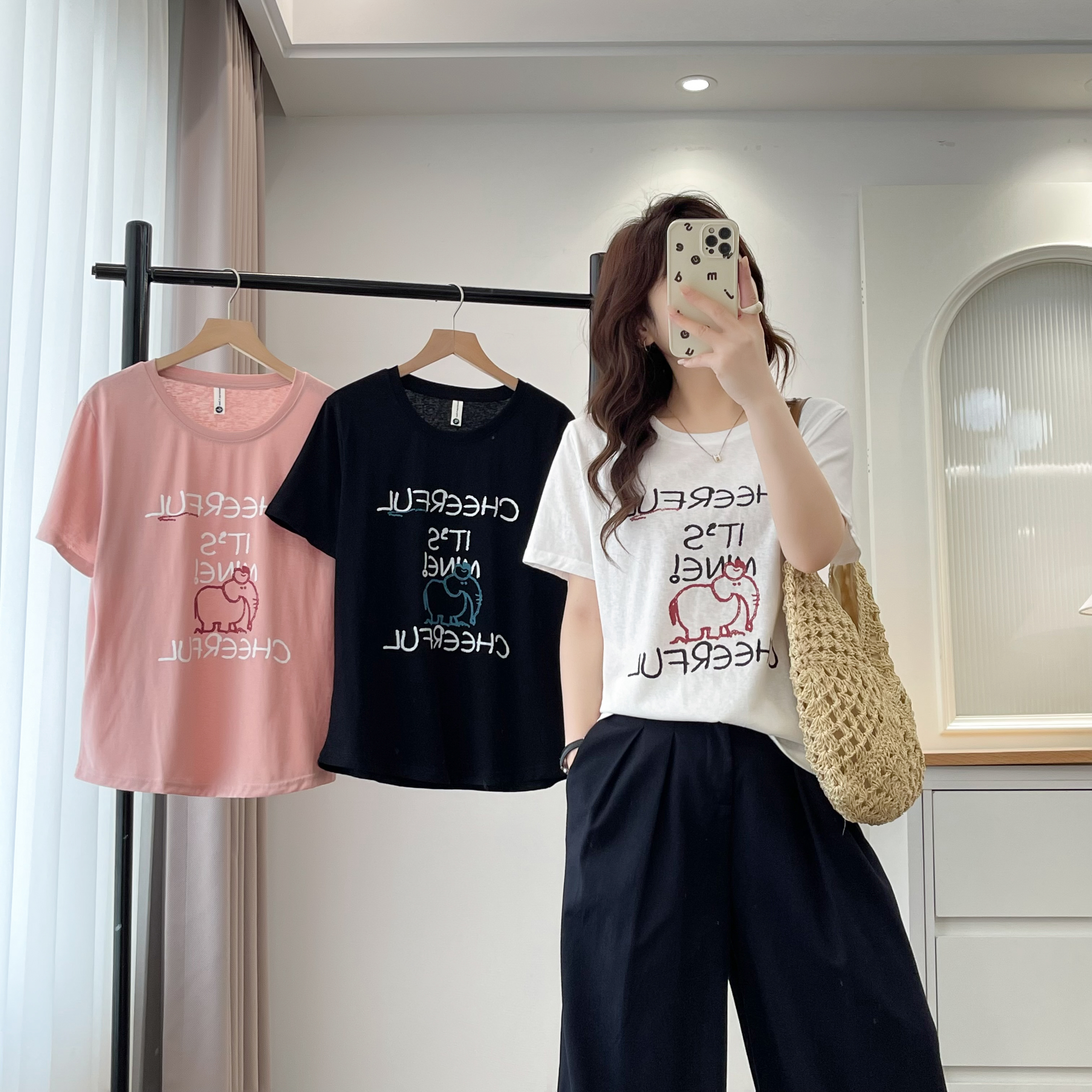 韩系休闲甜美风圆领印花T恤夏季新款设计感宽松显瘦时尚百搭上衣