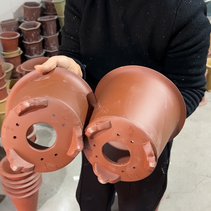 紫砂花盆微瑕三足云脚红色两个2号