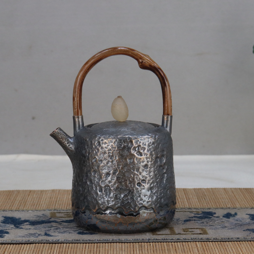 炭黑石坑烧水壶提梁银茶壶足银999中式高端银茶具藤梁