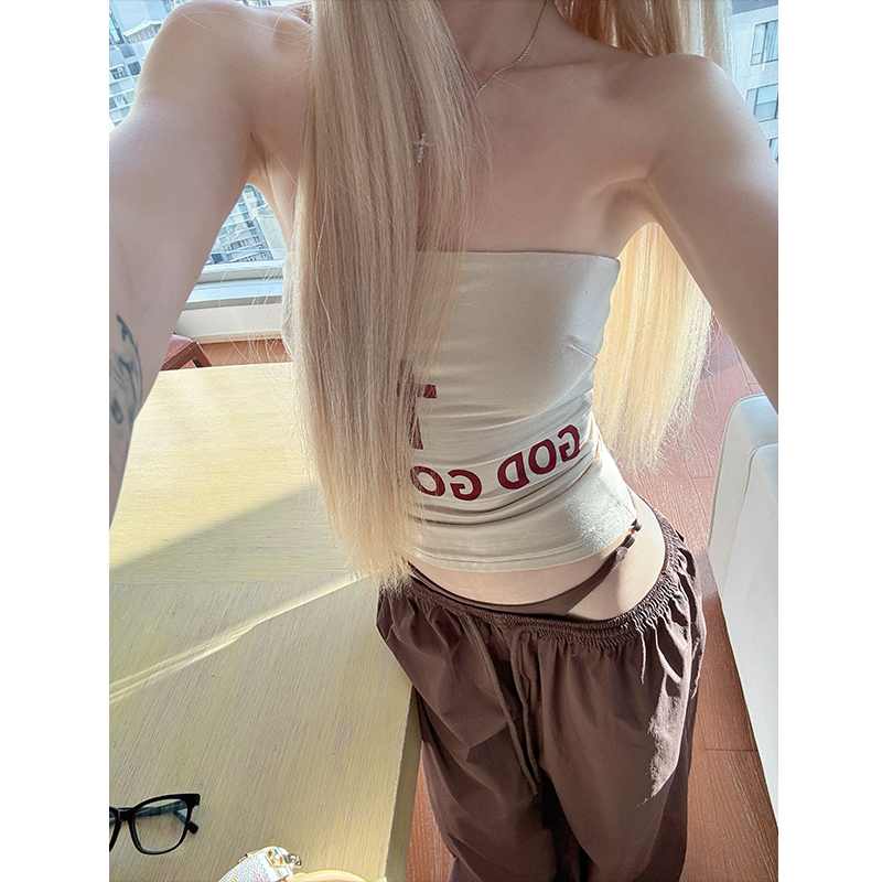 莫欣欣&美式辣妹ins欧美复古杏色美背内衣抹胸上衣女款夏季250099