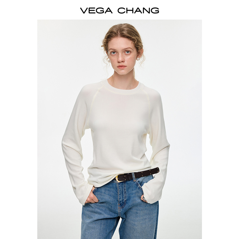 VEGACHANG【月白风清】磨毛T恤女款2026新款早秋简约白打底衫0286XT