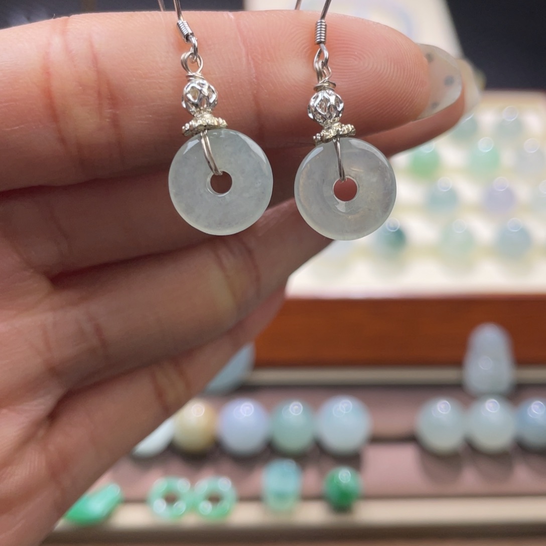 翡翠耳饰银S925镶嵌银镶耳环一对直径11mm