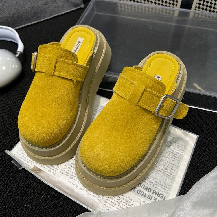 欧洲站2025新款松糕厚底磨砂皮勃肯超轻鞋包头半拖鞋女慵懒外