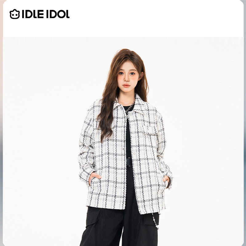 IDLE IDOL翻领格纹宽松型收口袖夹克小香风时尚休闲男女夹克外套