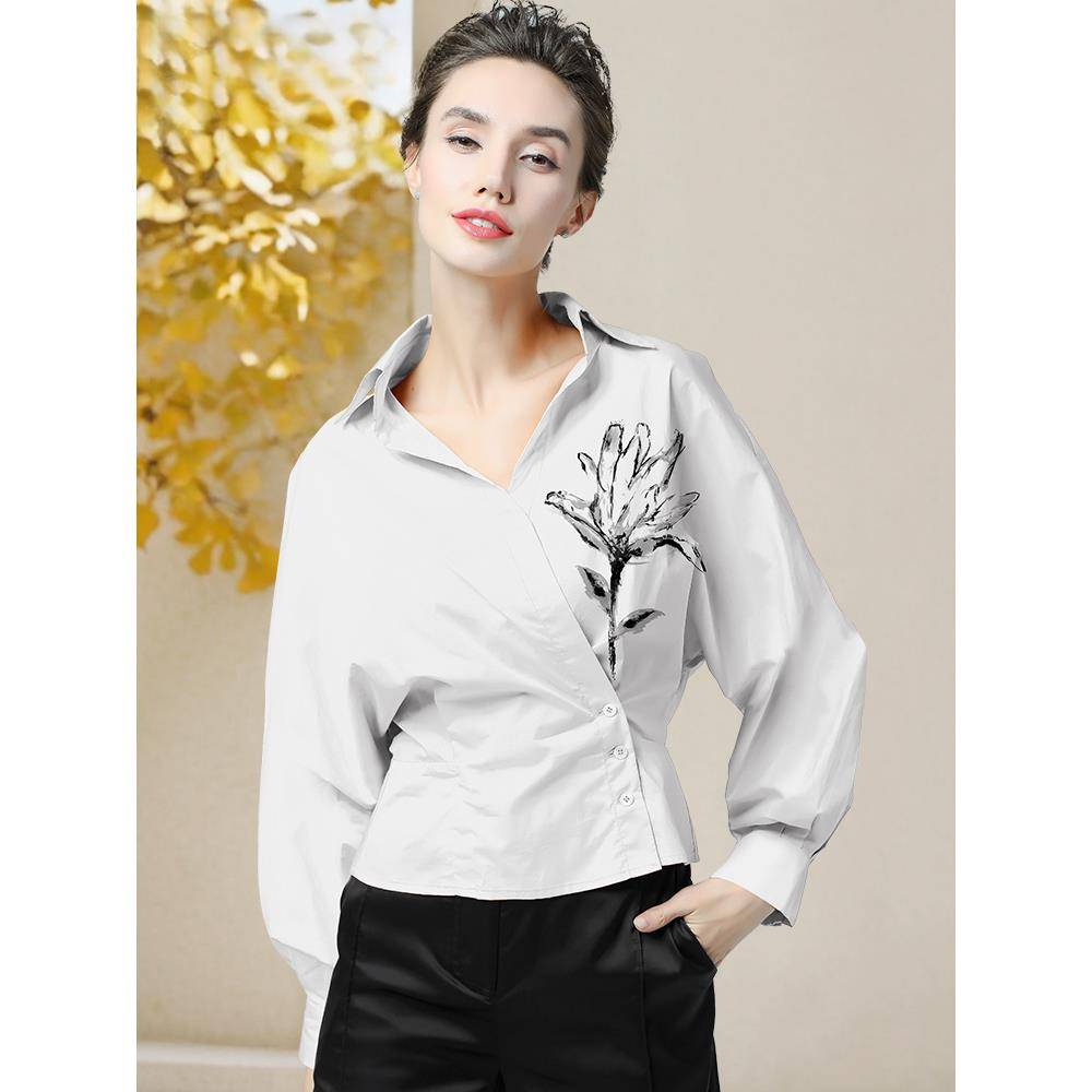 欧洲站设计感小众时尚印花白衬衫女秋新款别致蝙蝠袖上衣SF256669