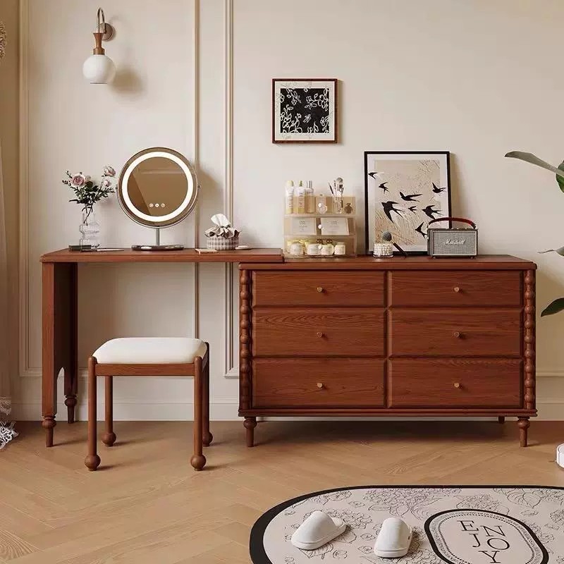 斗柜梳妆台一体卧室法式中古实木化妆桌床尾收纳柜化妆台转角书桌