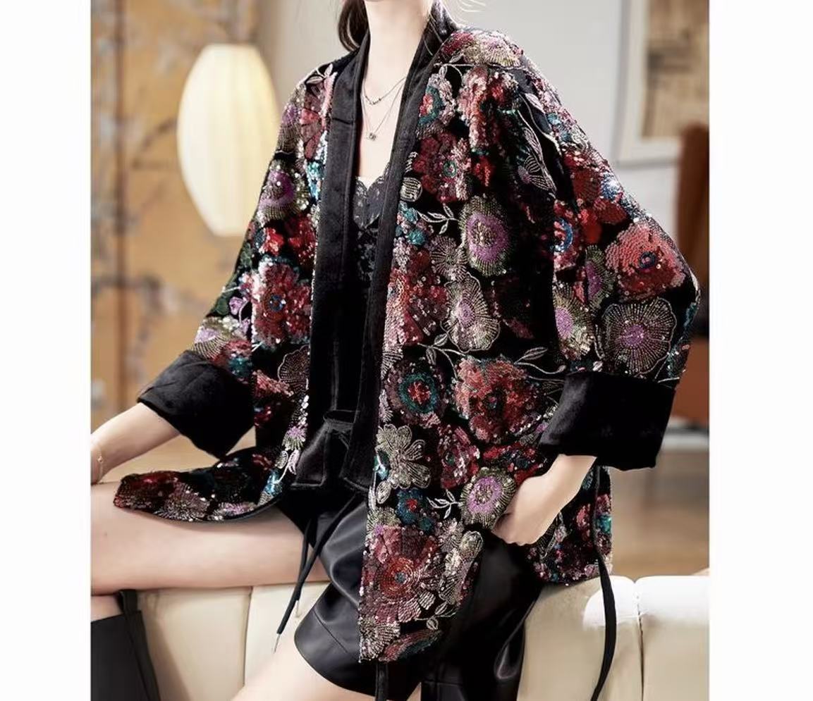 【Mrs MAIMAI】秋冬新款国风复古百搭重工绣花长袖丝绒外套A236