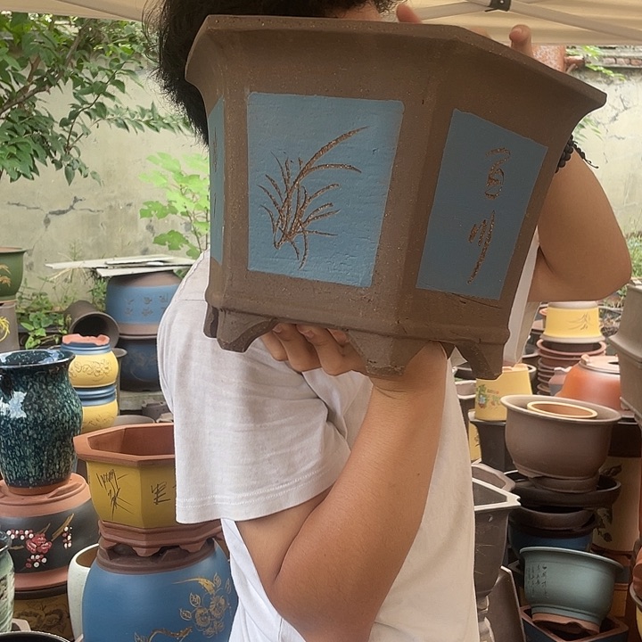 25蓝刻绘六方花盆紫砂花盆