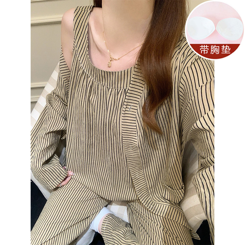 带胸垫春秋季女士长袖长裤睡衣秋天性感吊带三件套秋款云朵棉套装