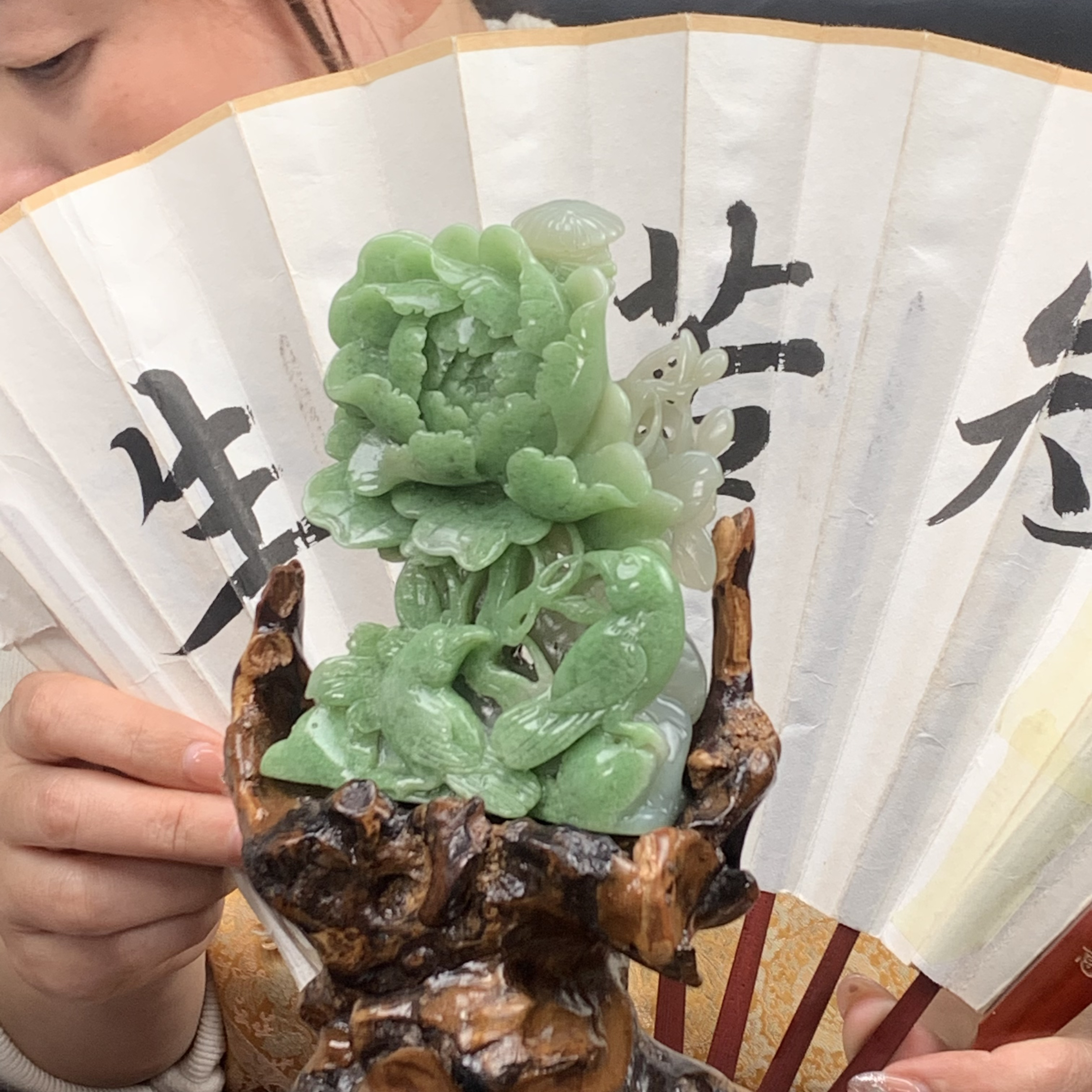 天然和田玉花开富贵翠青摆件