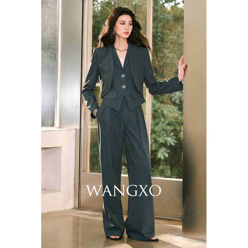 WANGXO 气质翻领极简弧边收腰马甲套装 253655W