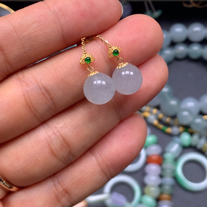 玖***梦翡翠18K金镶嵌耳饰珠子耳钩