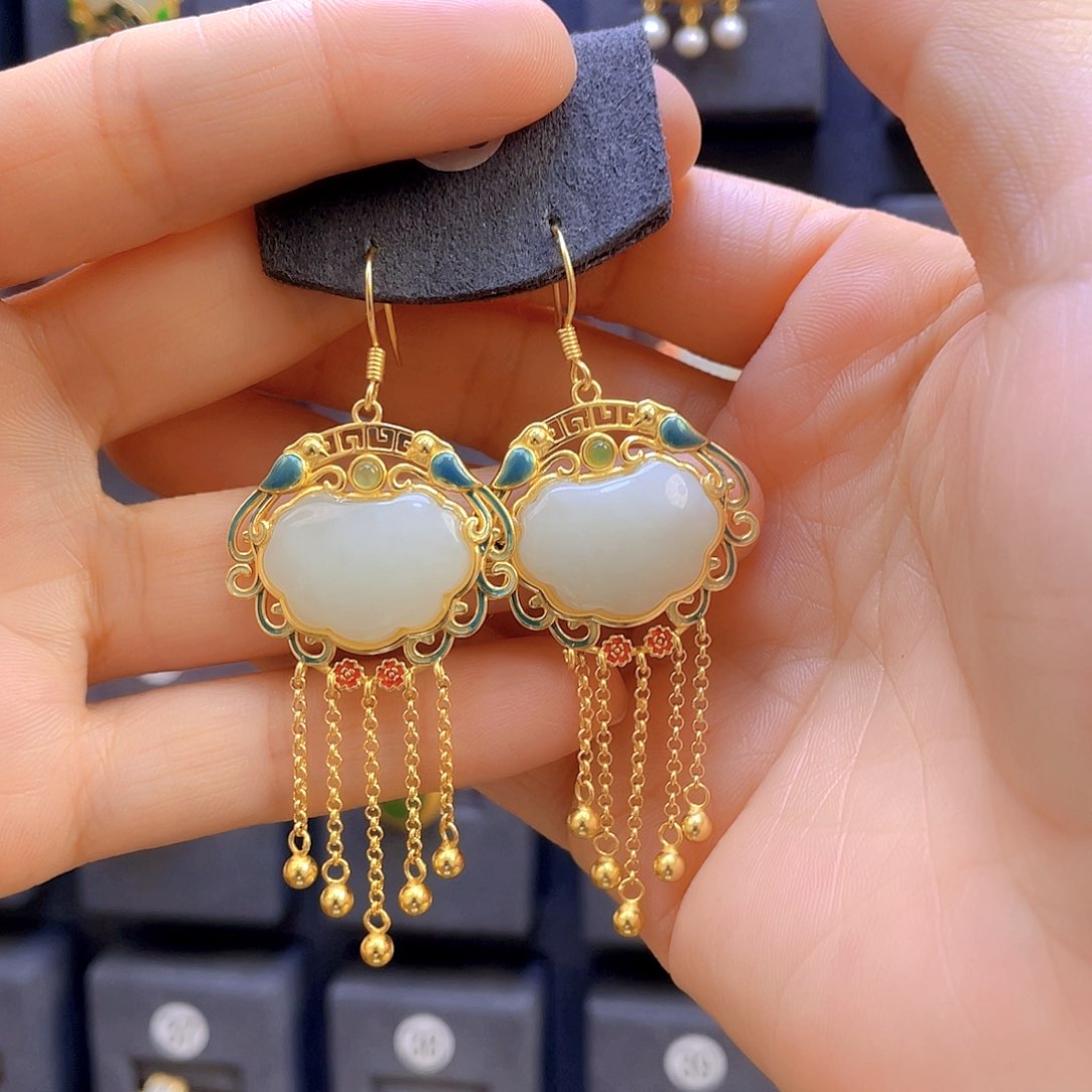 和田玉耳饰银S925镀金镶嵌