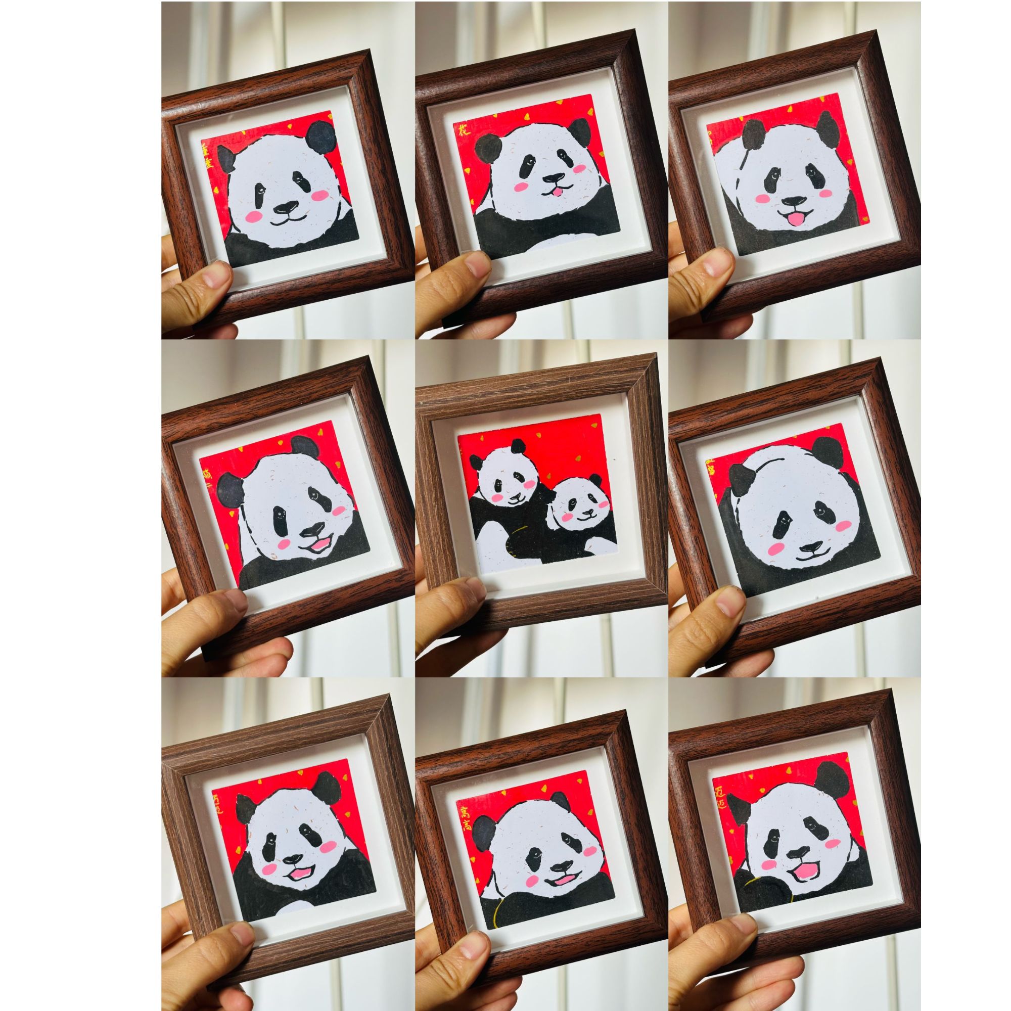 熊猫新年款手绘定制画4寸木制画框台式摆件