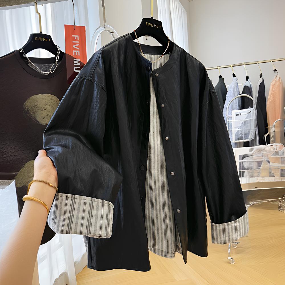 韩版中长款宽松黑色复古PU机车洋气秋冬大码皮衣女士网红款外套