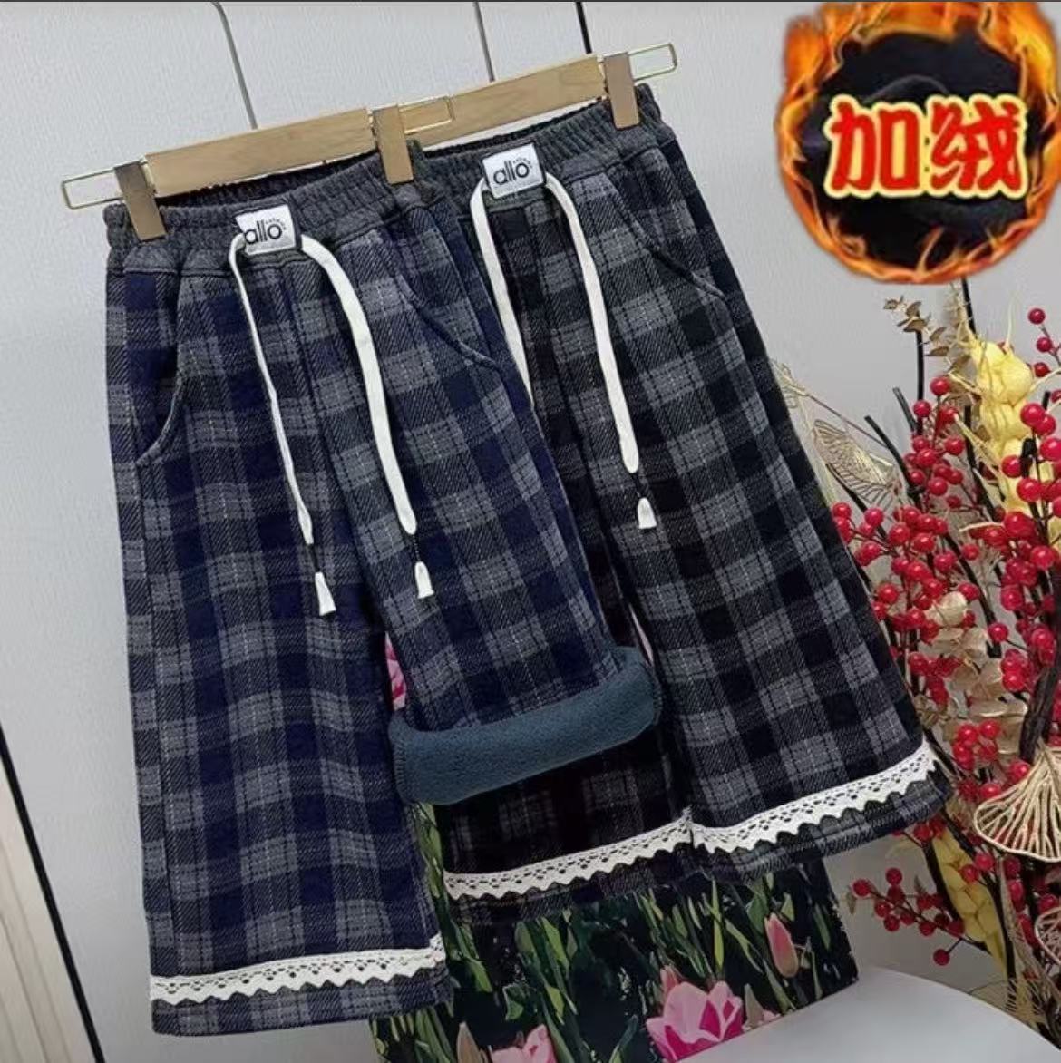 (家加绒格子裤）儿童秋冬保暖2025休闲字母花边裤腿裤