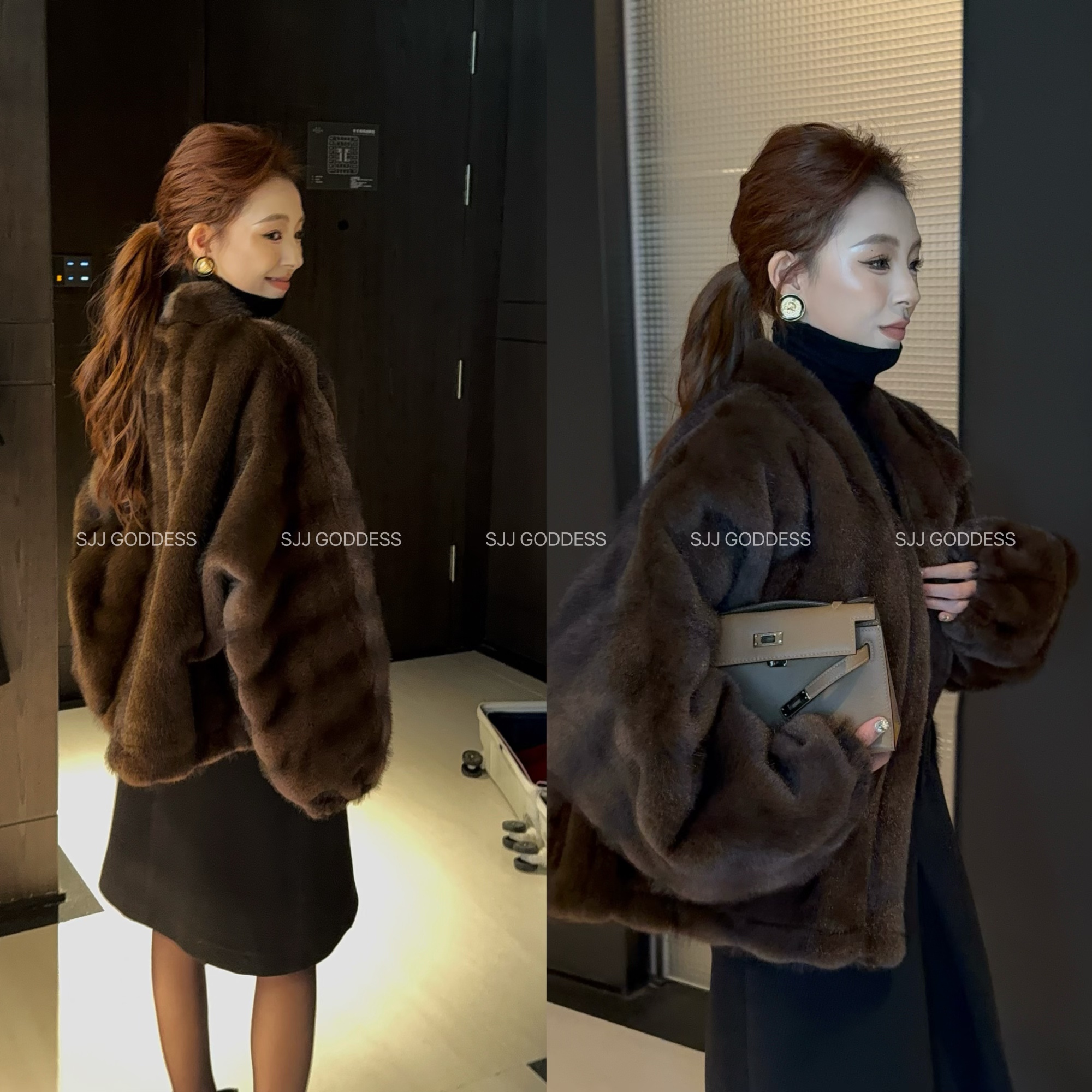 人造皮草 【娇娇私服定制】秋冬新款仿皮草V领斜纹理毛毛外套11869