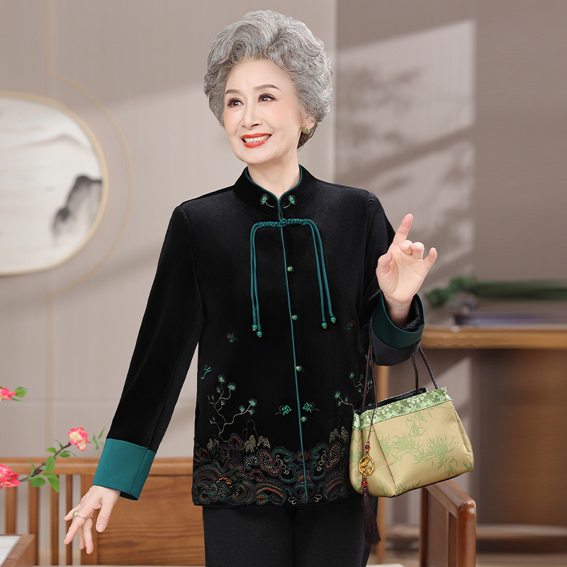 中老年女装春秋季厚外套时尚妈妈洋气奶奶新送老人金丝绒衣服