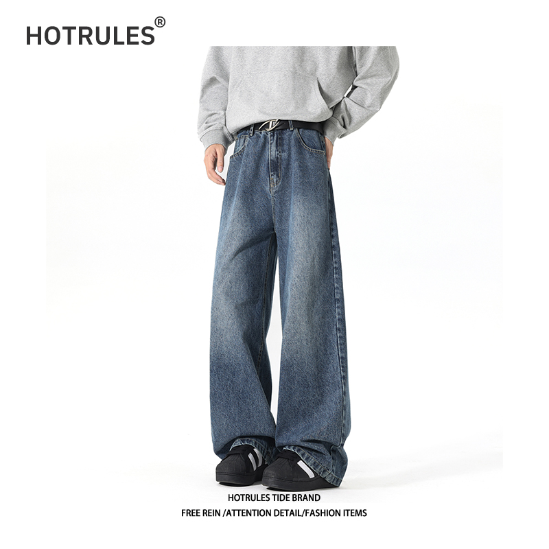 HOTRULES新款潮牌复古牛仔裤男生潮流水洗高级感美式宽松直筒长裤