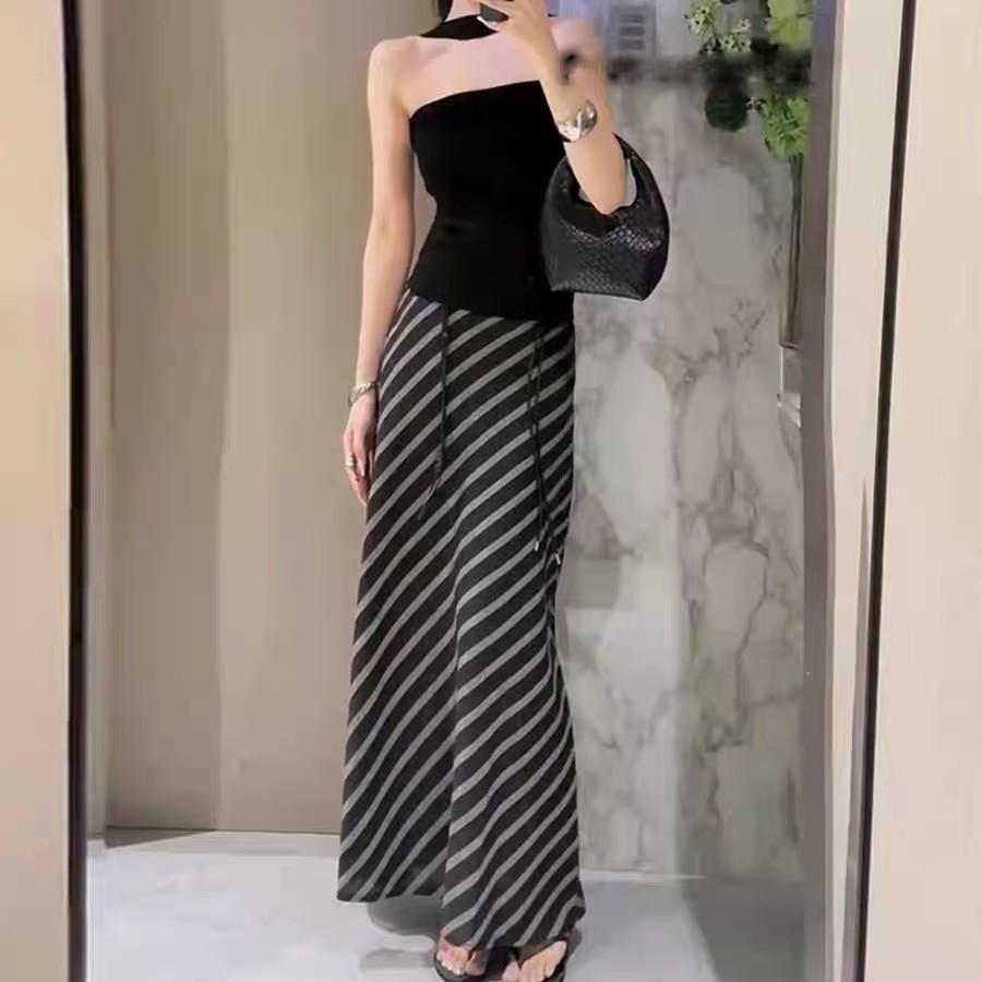 复古高腰条纹半裙