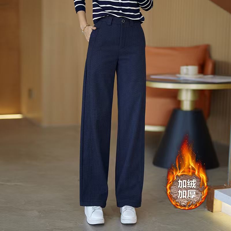 加绒加厚藏青色百搭休闲裤女2025冬季新款长绒棉窄版阔腿直筒裤