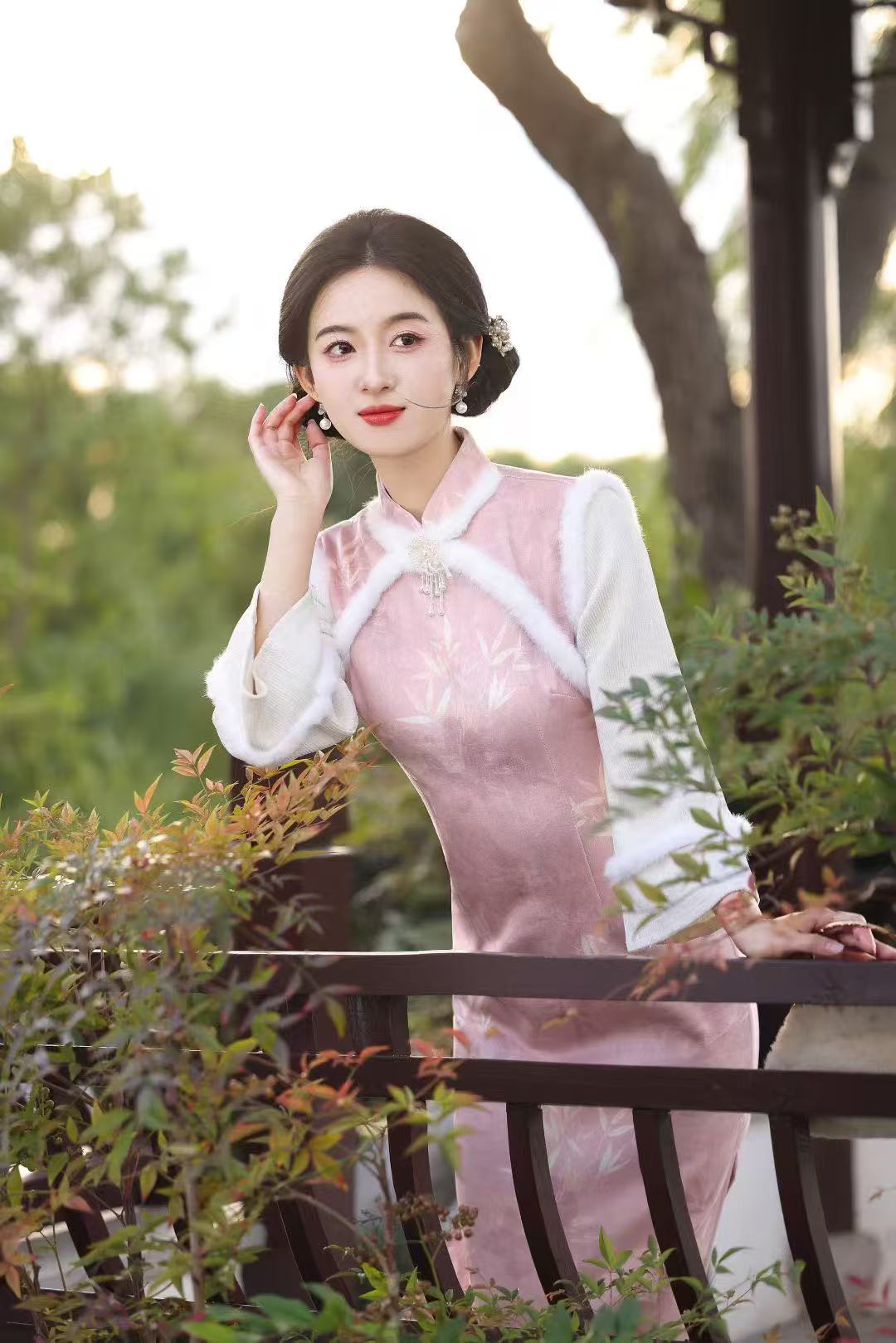 秀懿旗袍丨花眠)120cm冬款加绒粉色拼接长袖中式甜美改良长款旗袍