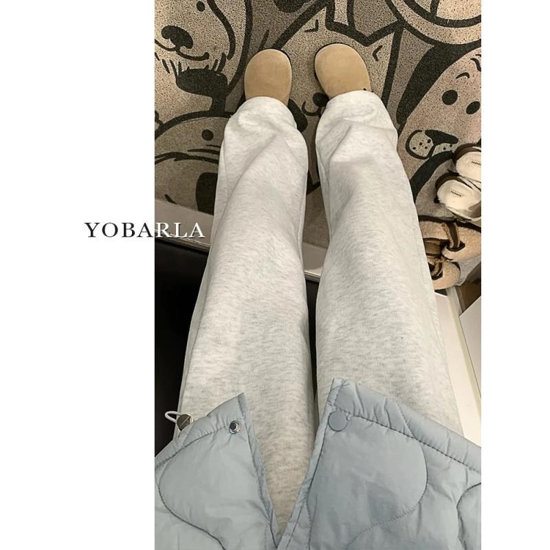 雪花灰直筒休闲裤女大码冬季加绒胖mm宽松显瘦松弛感运动阔腿卫裤