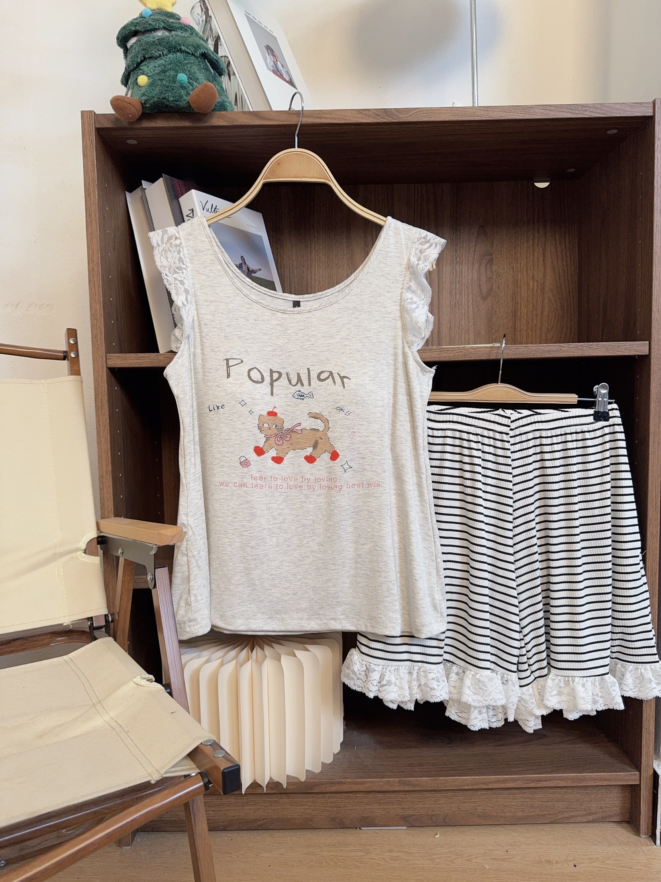 【背心棕色小猫】~新款带胸垫可外穿时尚家居服套装~167