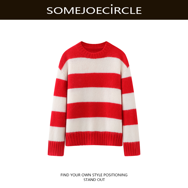 【DZ】SOMEJOECIRCLE【秦岚同款】25冬新品宽松落肩红白条纹毛衣K8382