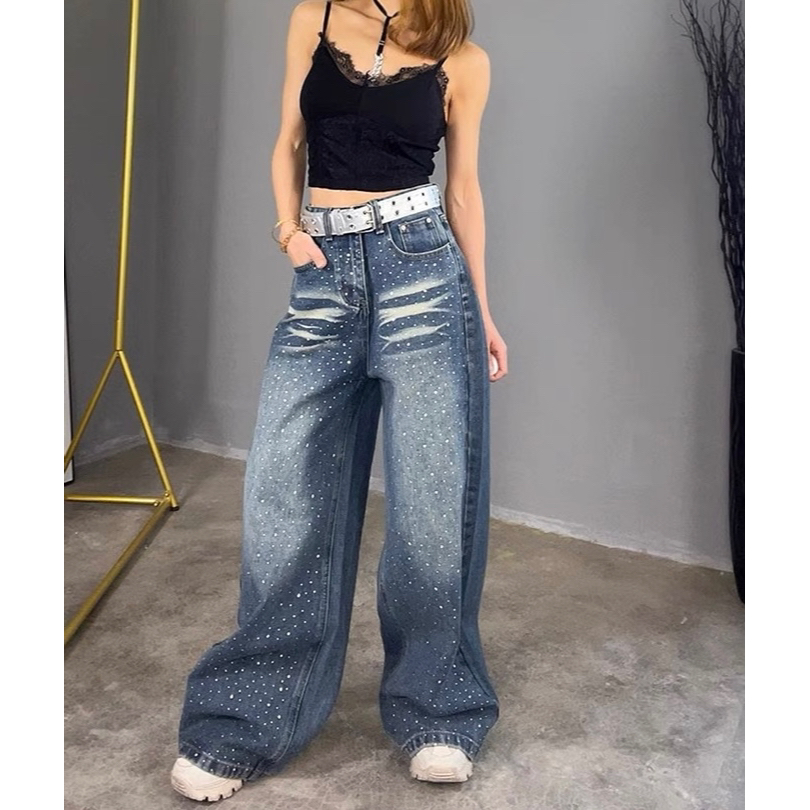 2025春季新款重工烫钻高腰牛仔裤