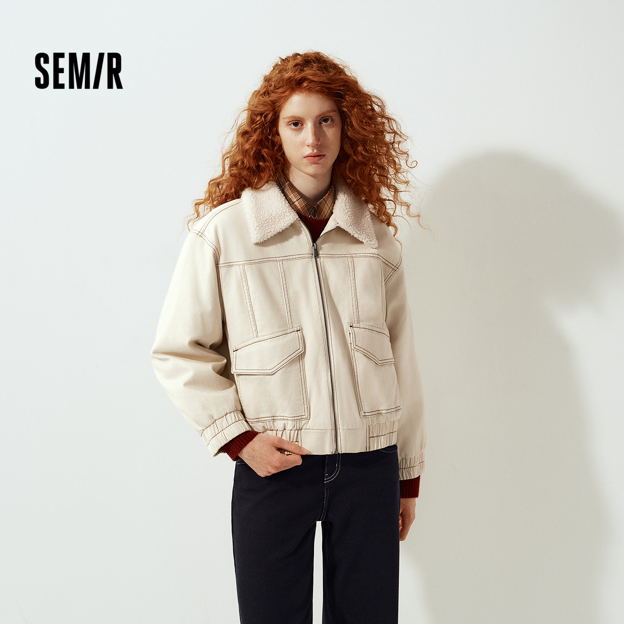 森马牛仔外套女冬季仿羊羔毛翻领夹棉宽松2025新款潮酷工装风夹克