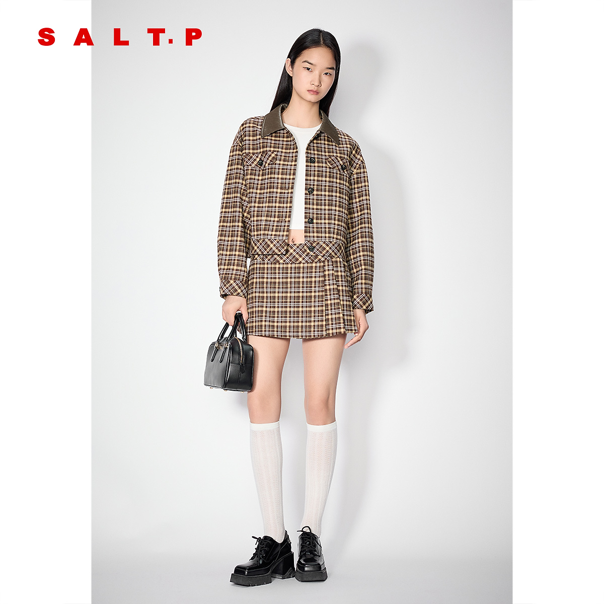 SALT.P可颜MIU系翻领深咖撞色格纹短外套女2025年秋季新款