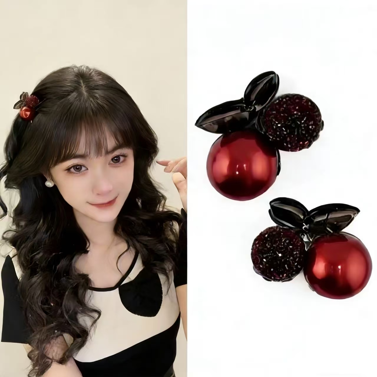 T153【2件套】红色樱桃抓夹   