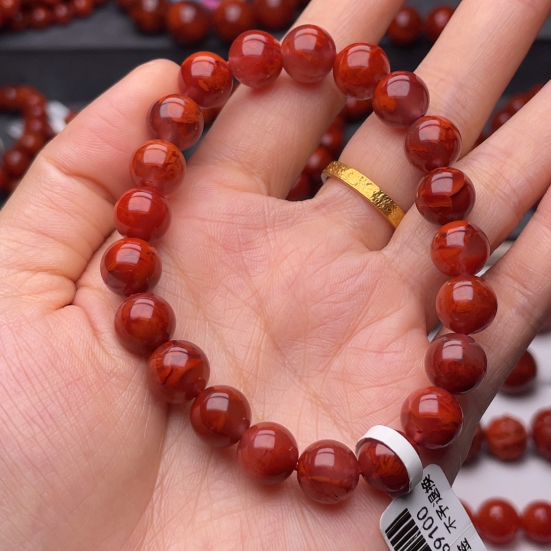 w***J南红玛瑙未镶嵌手链（原矿）9.8mm高品牛血火焰手串