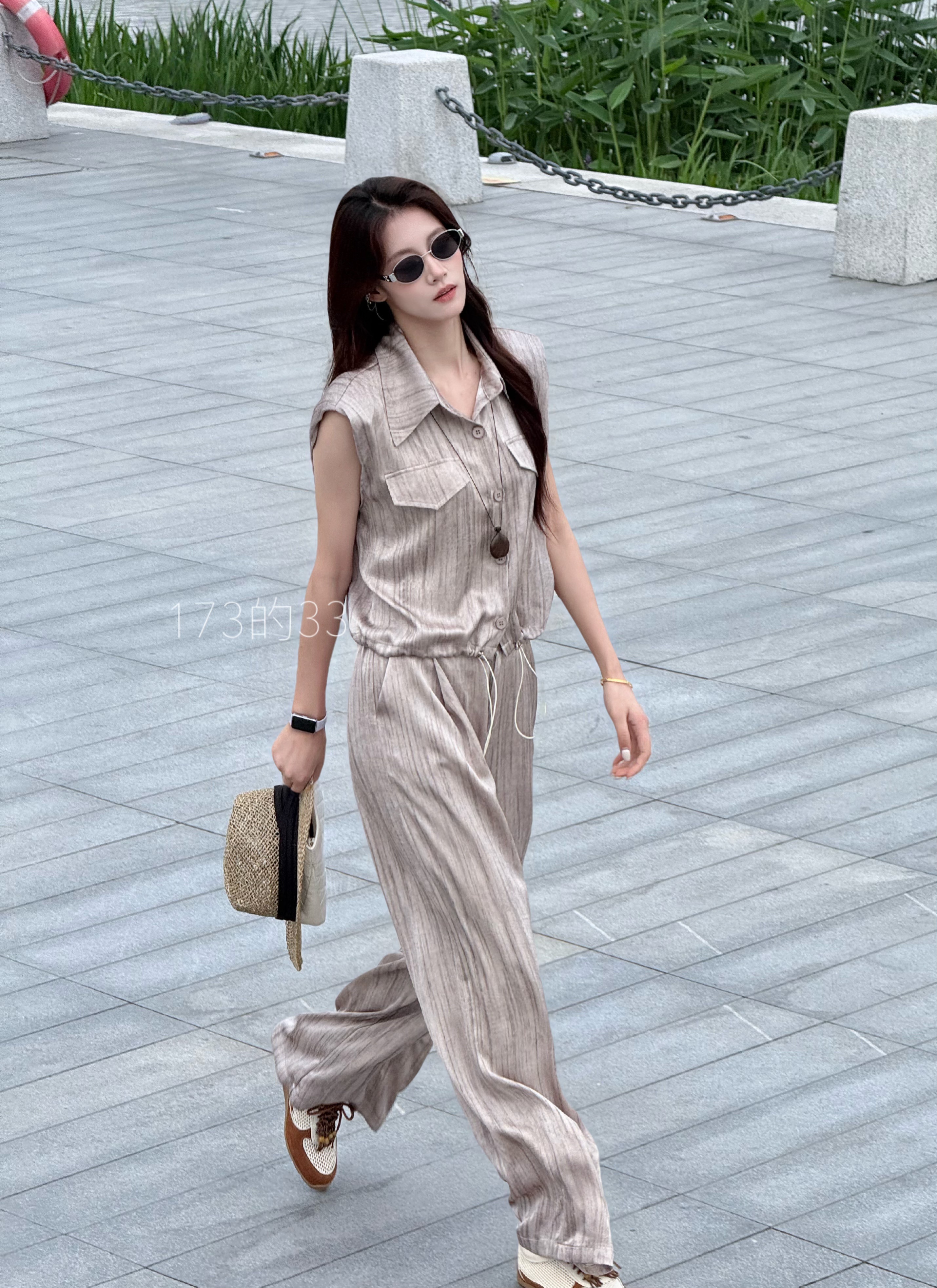 33【垂感无袖套装】高个子穿搭条纹女夏新款感显瘦高腰阔腿裤两件套