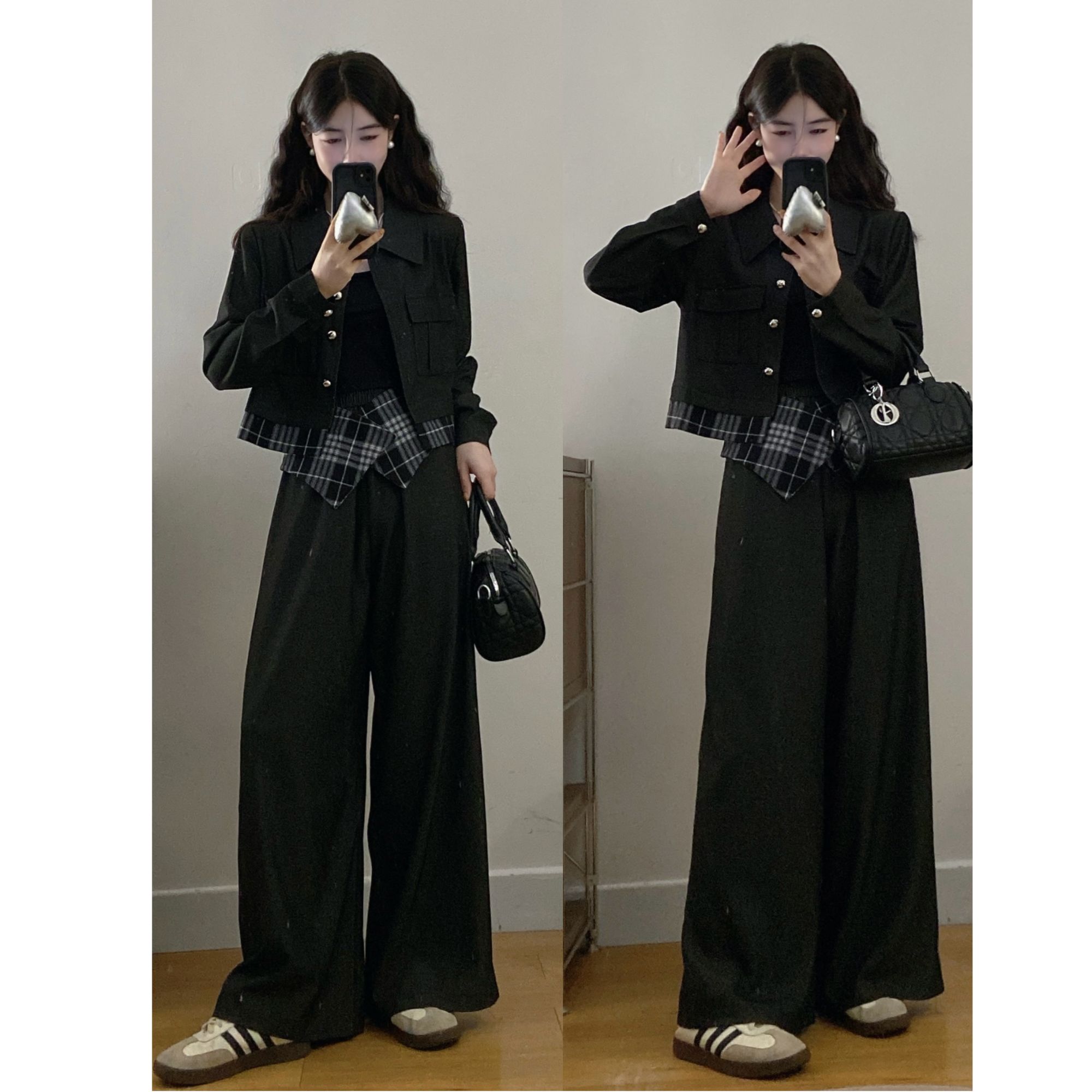 大码女装胖mm新款格纹拼接时尚气质西装外套+阔腿裤两件套套装