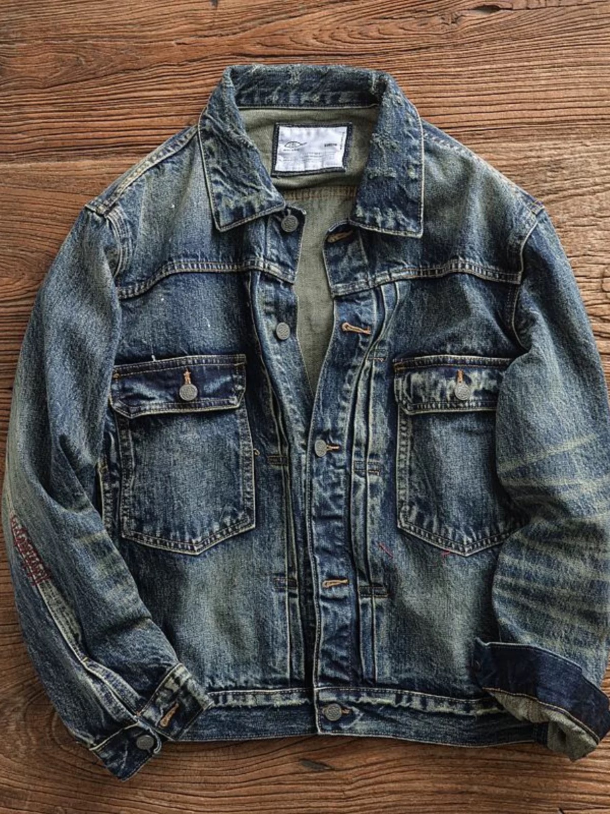 H5082美式复古做旧重磅阿美咔叽补丁牛仔衣夹克外套加厚春秋漆点 