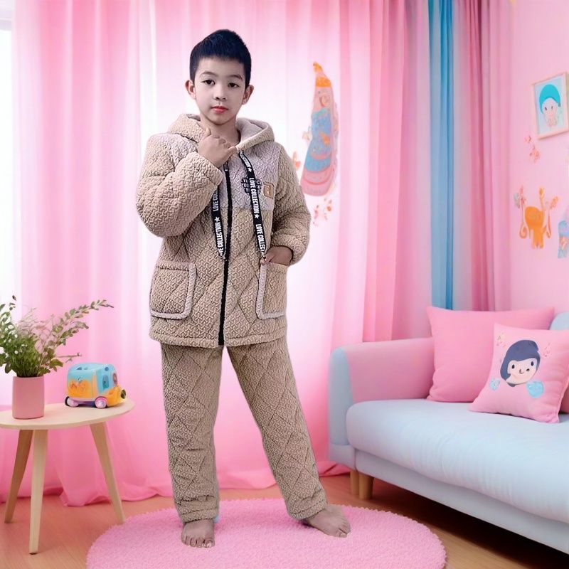  儿童睡衣冬季加厚三层男童法兰绒夹棉小中大童珊瑚家居服套装027