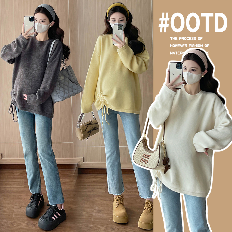 孕妇装秋冬毛衣韩版宽松大板型长袖上衣中长款褶皱设计感针织衫女