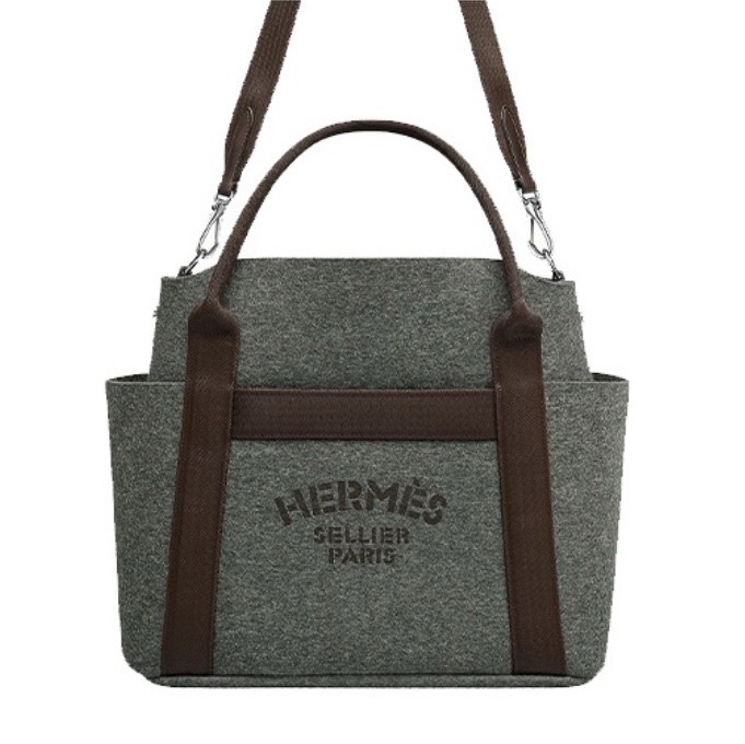 99新 Hermes/爱马仕 groom bag灰色毛呢马术包单肩手提包9999