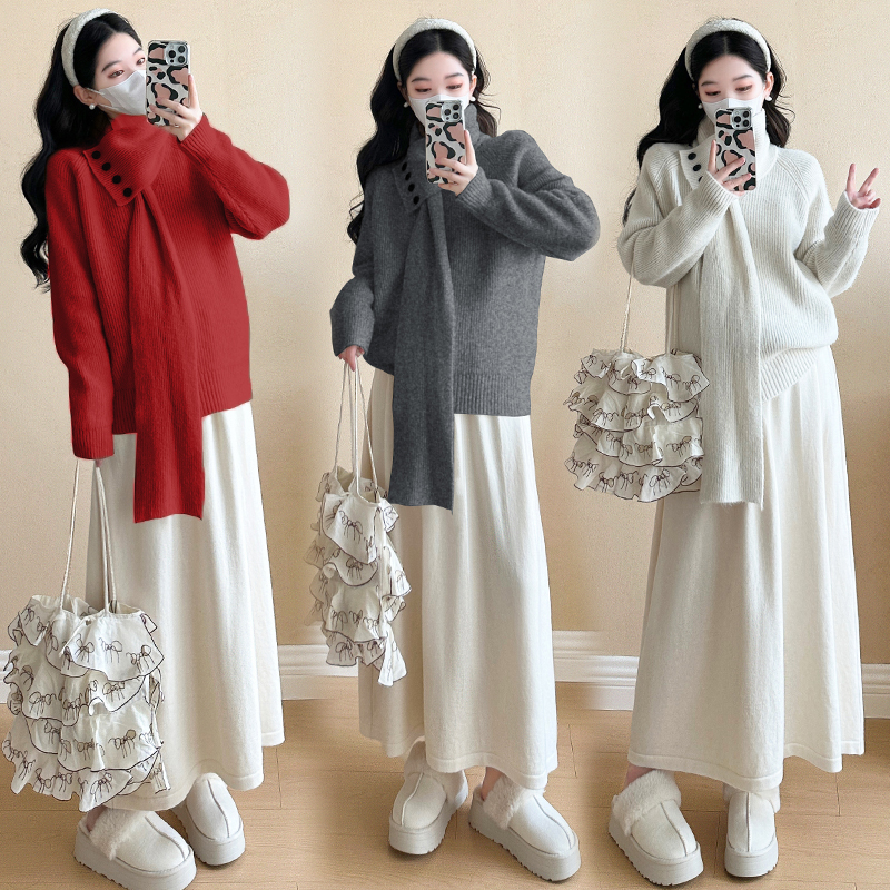  {糕糕}孕妇装2025秋冬新款韩系加厚慵懒风软糯宽松毛衣围巾