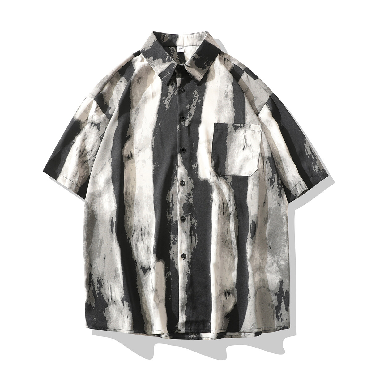 夏季薄款冰丝衬衫条纹短袖男复古百搭港风印花五分袖休闲扎染衬衣