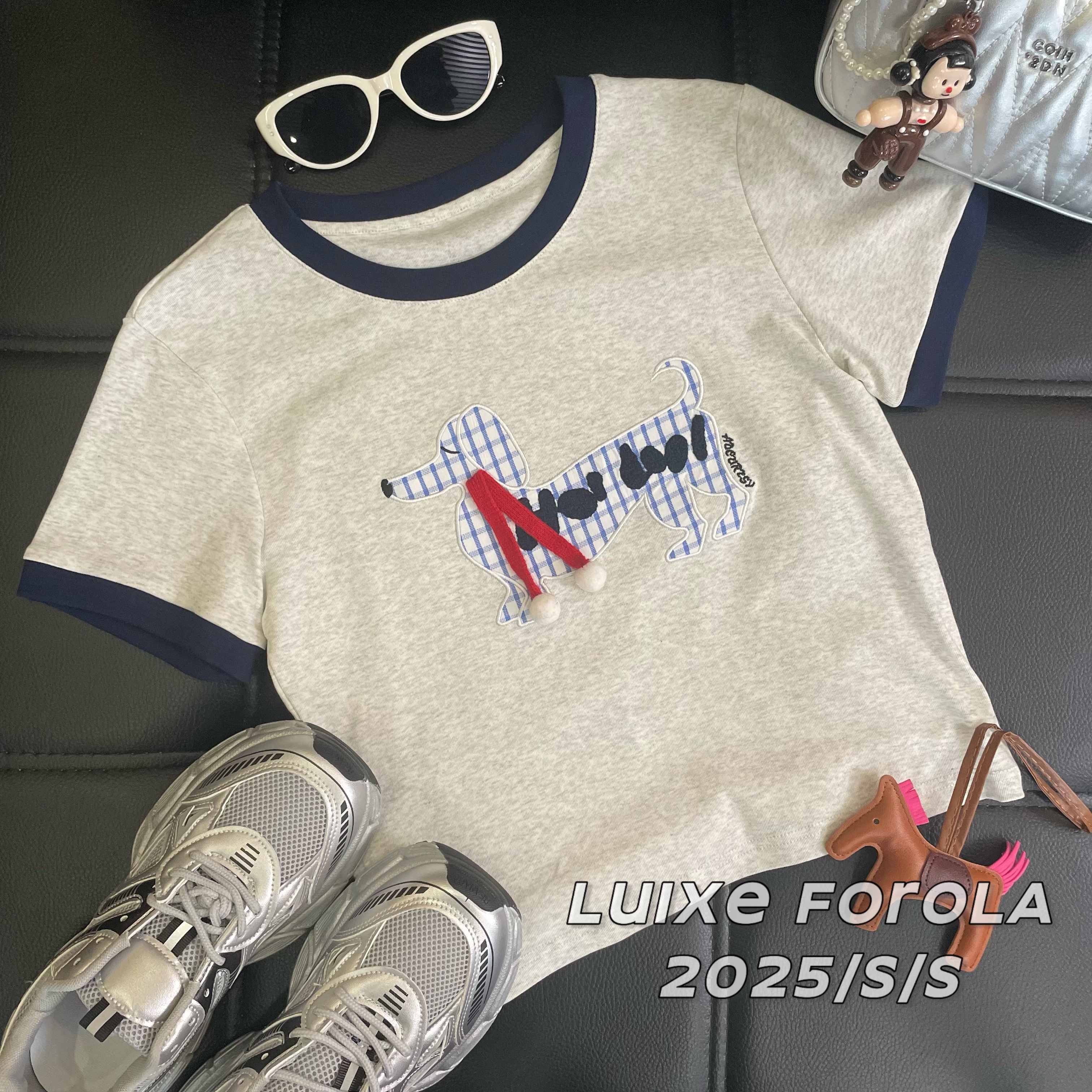 FOROLA『可爱小狗』2025夏季新款重工刺绣圆领短袖T恤上衣 YY2527