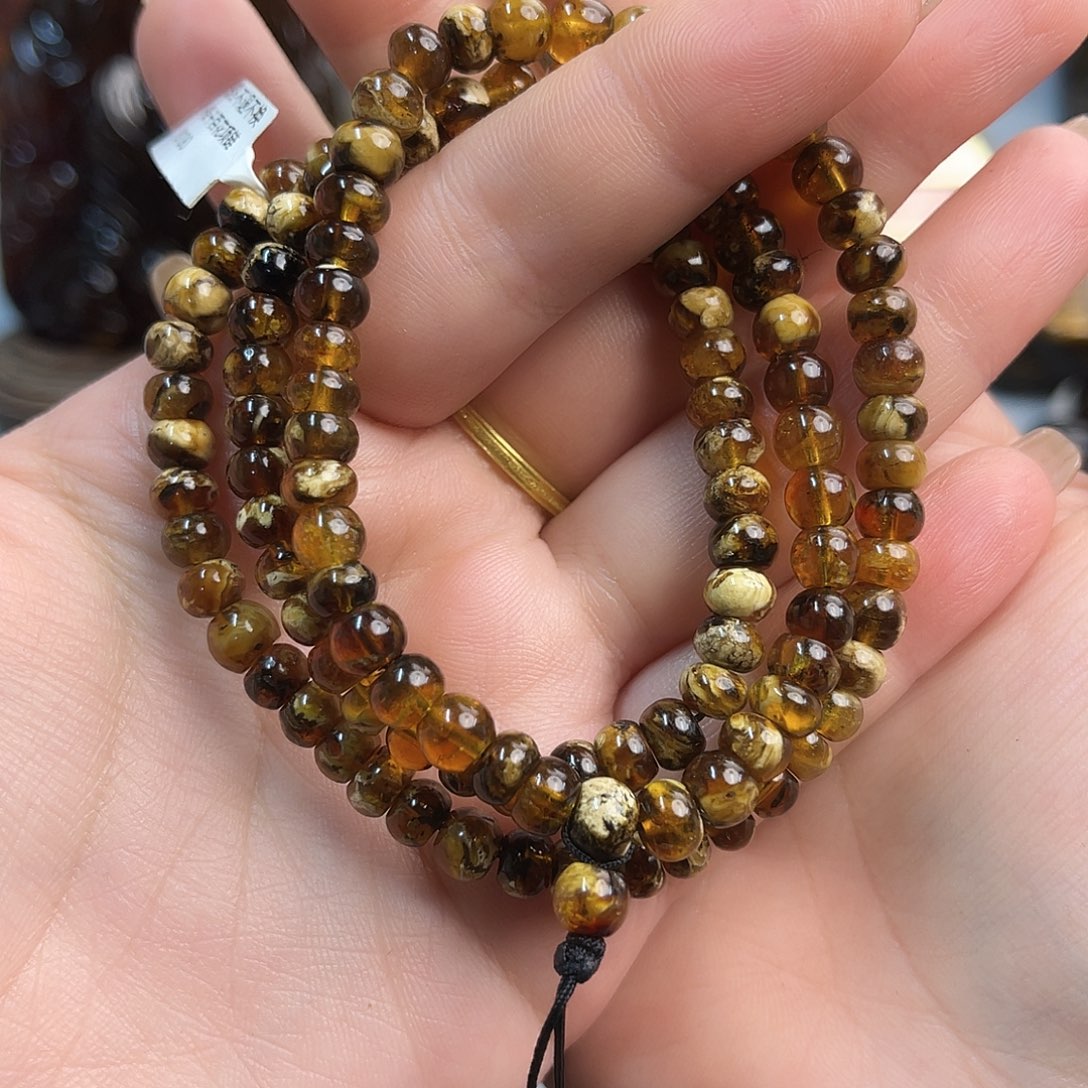 琥珀手链未镶嵌抚顺琥珀6+干白花108