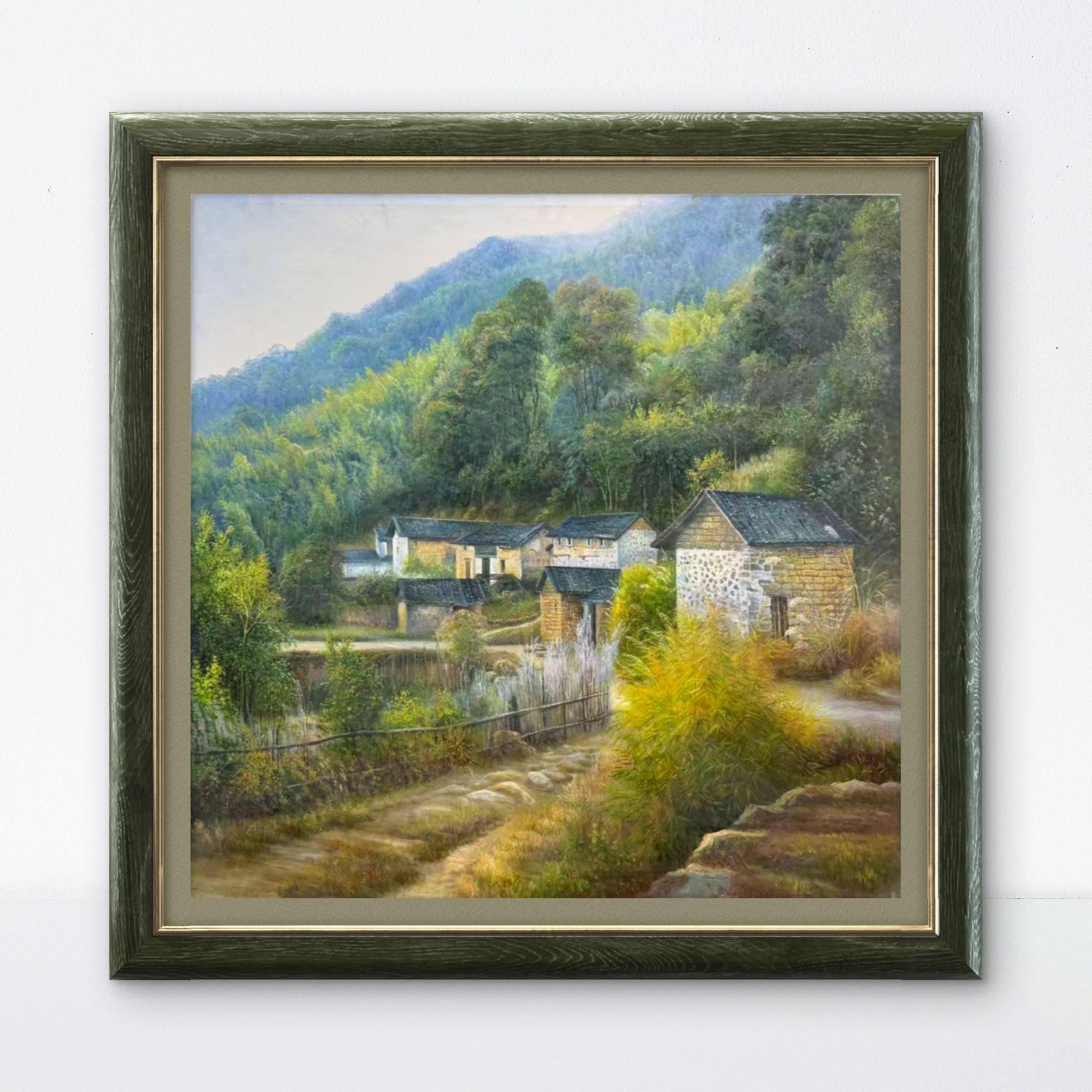 手绘油画 《山间小屋》收藏油画  画心尺寸100x100cm